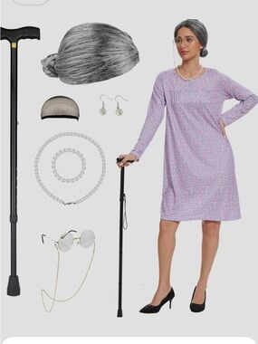 BRAND NEW Old Lady Costume Floral Long Sleeve - Wig - Cane - Glasses